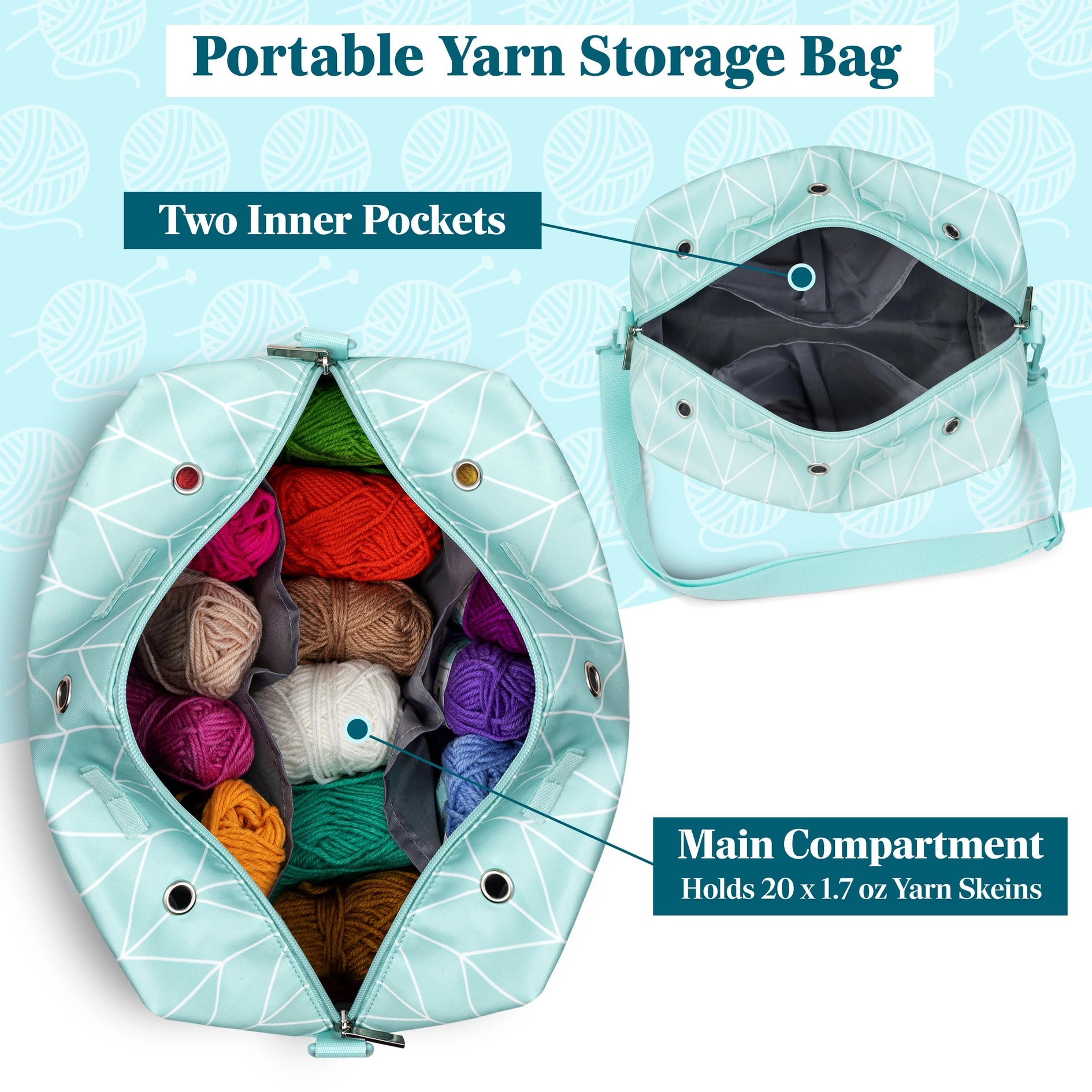 Compact Yarn Organizer Knitting Bag - Chevron Teal