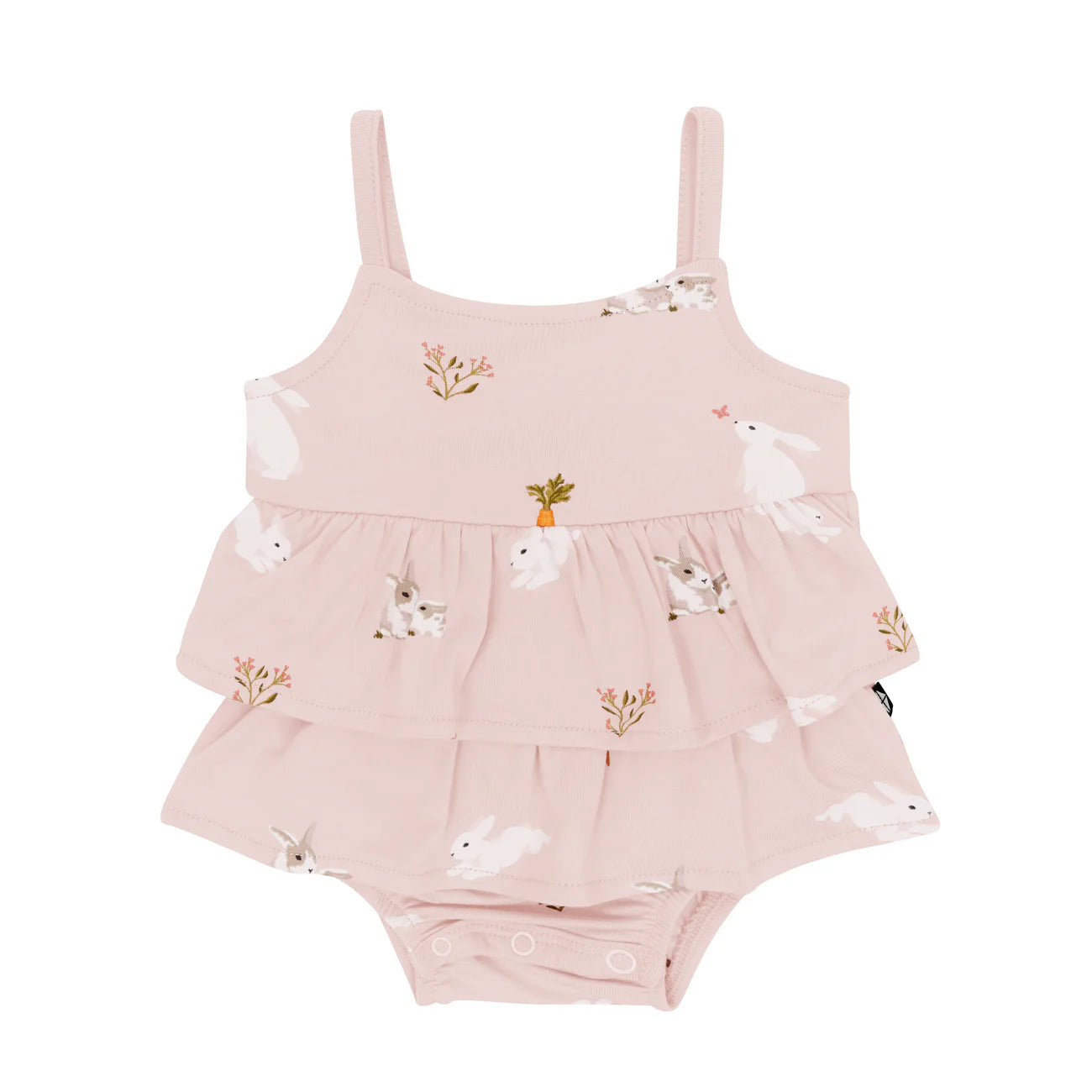 Kyte Baby Spaghetti Strap Ruffle Romper in Blush Rabbit