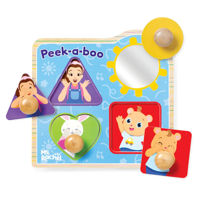 Melissa & Doug Ms. Rachel Wooden Peek-a-Boo Jumbo Peg Puzzle – 4 Pieces