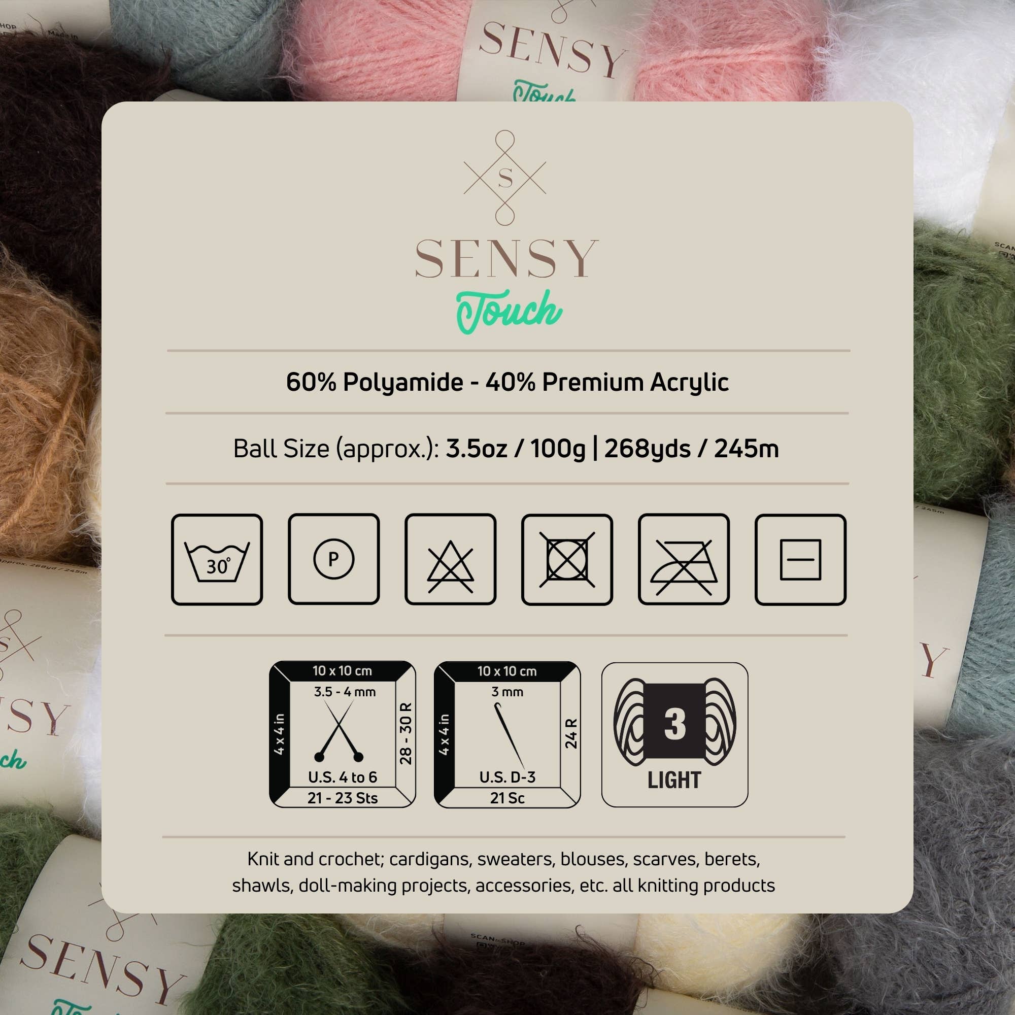 Sensy Touch Yarn, 3.5 oz, 268 Yards, Gauge 3 Light