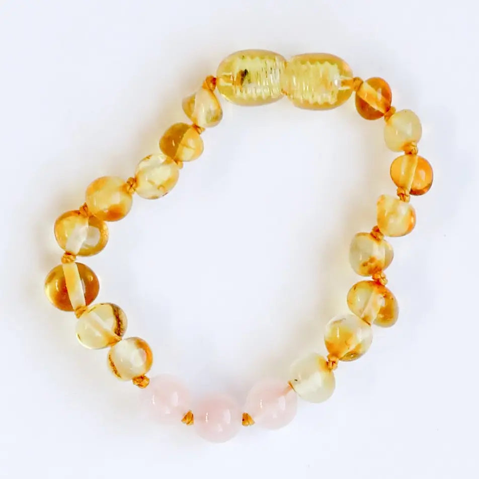 Polished Honey Baltic Amber + Rose Quartz 5" Baby Anklet or Bracelet