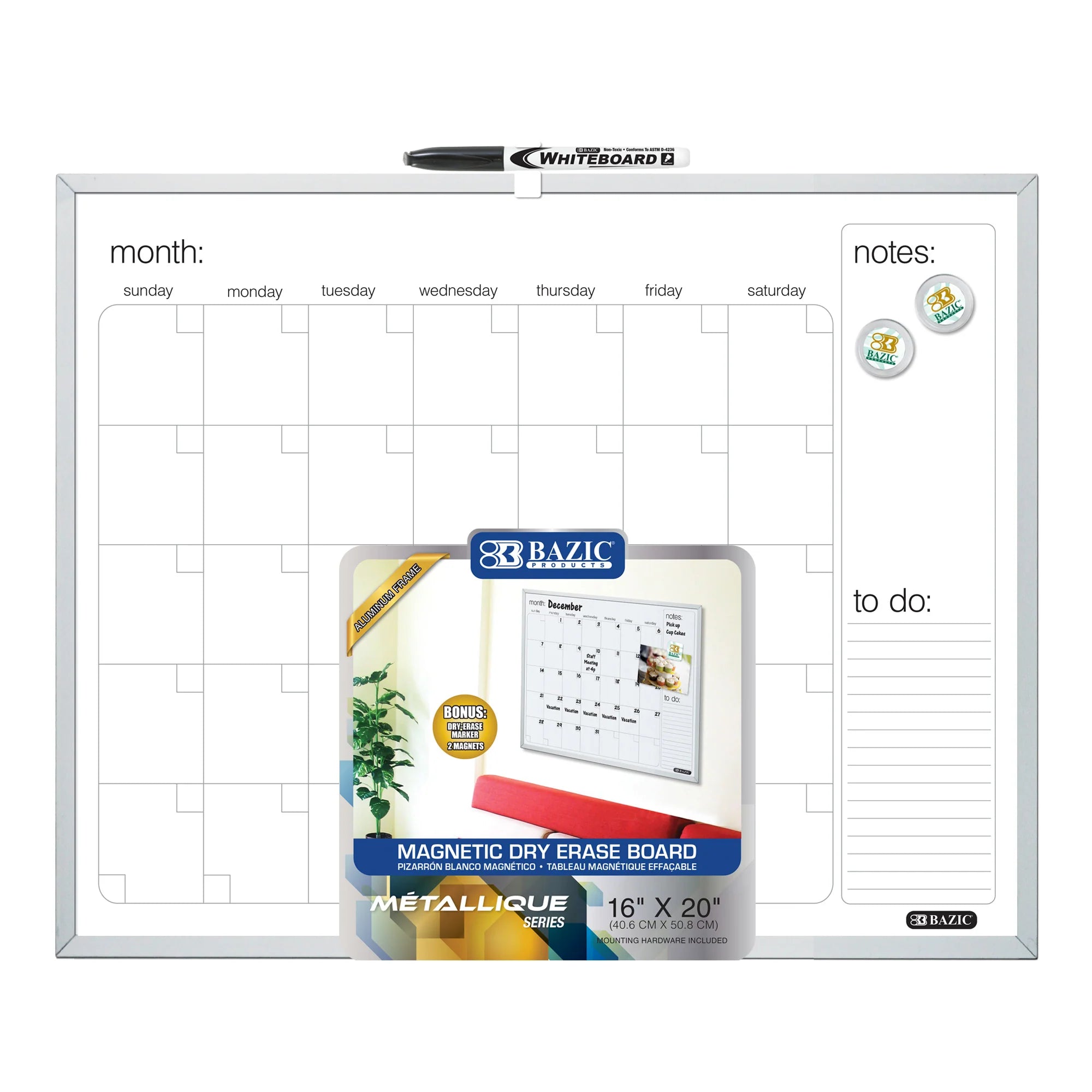 Aluminum Framed Magnetic Dry Erase Calendar 16" X 20"