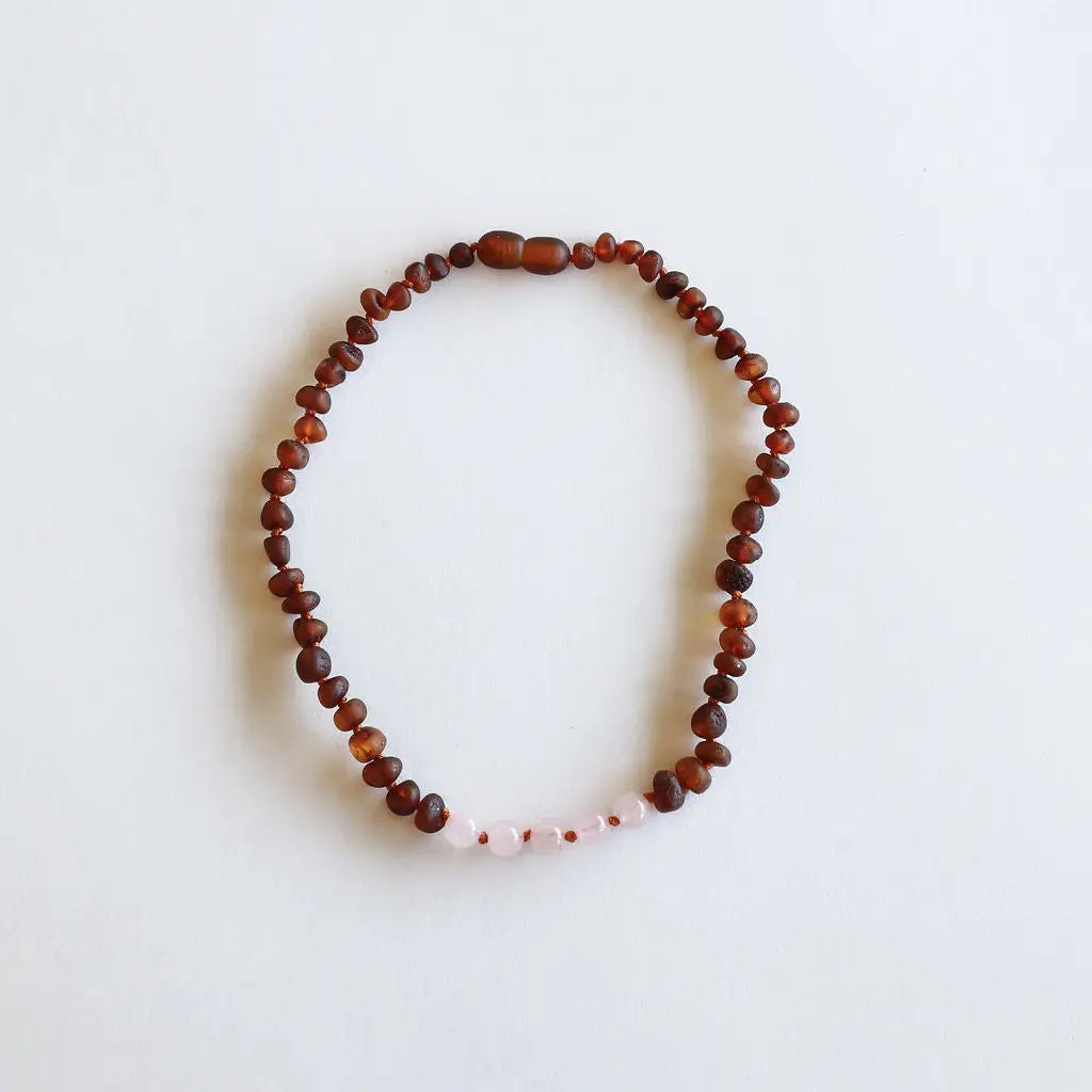 Raw Cognac Baltic Amber + Rose Quartz 12" Baby Necklace