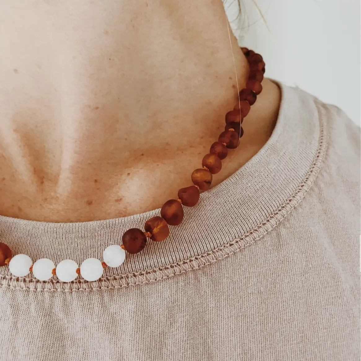 Raw Cognac Baltic Amber + Moonstone Baby Necklace