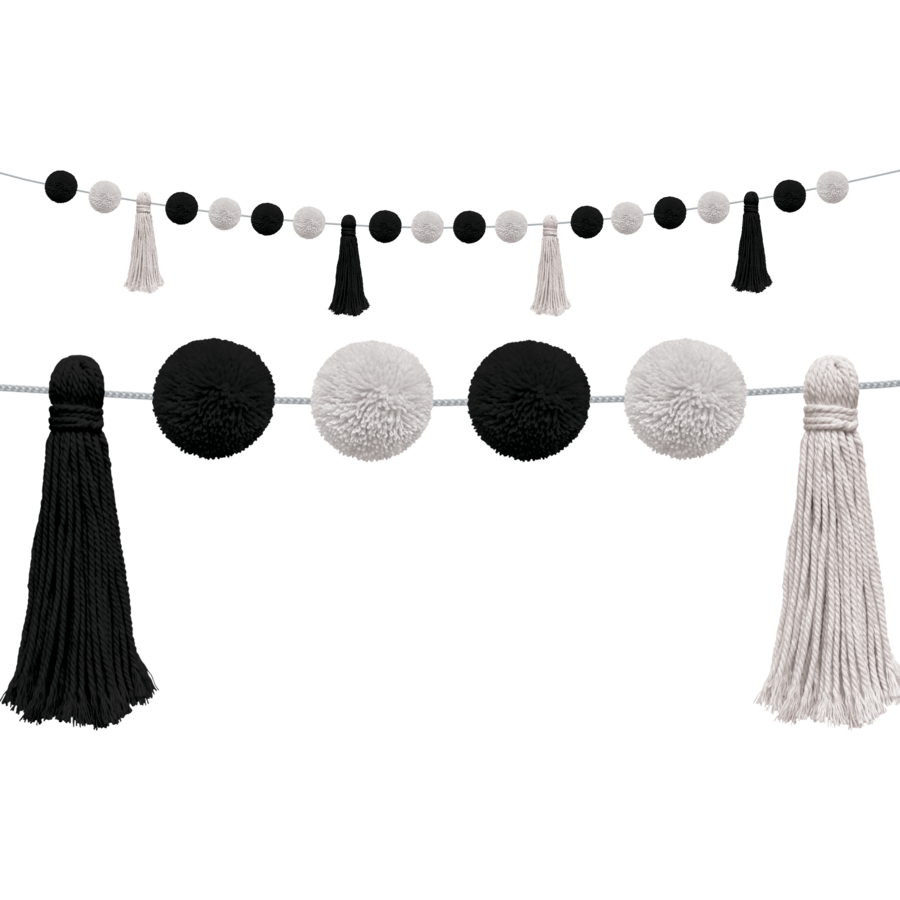 Black and White Pom-Poms and Tassels Garland