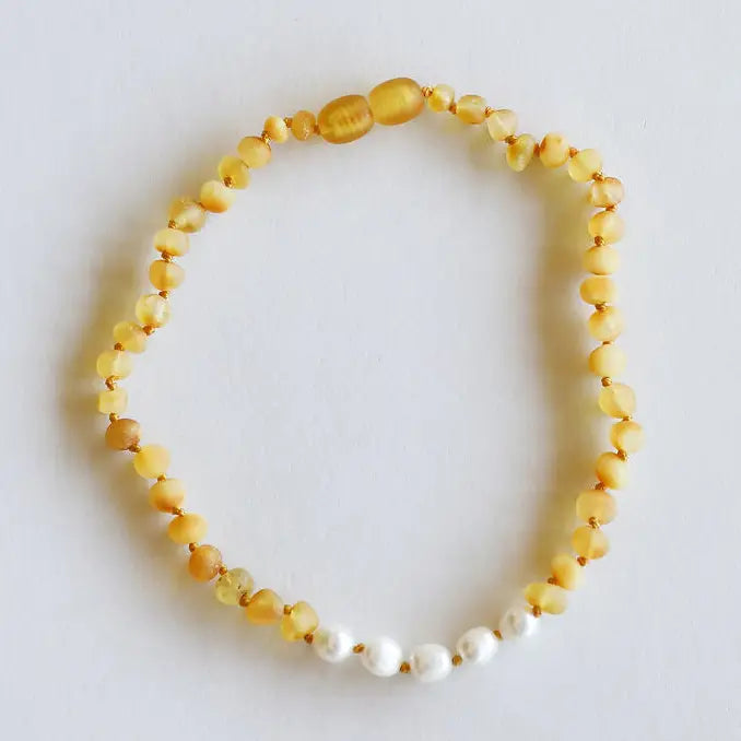 Raw Honey Baltic Amber + Pearl Baby Necklace