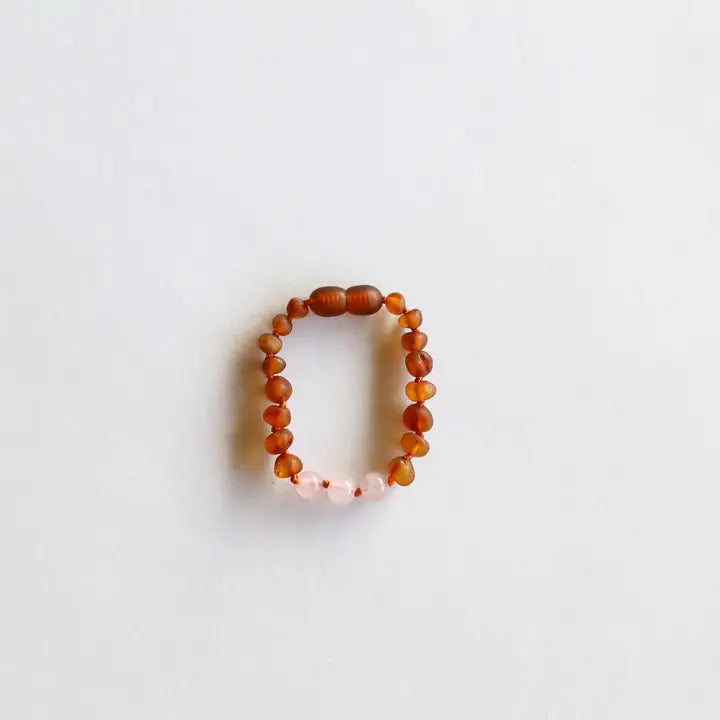 Raw Cognac Baltic Amber + Rose Quartz Baby Anklet or Bracelet