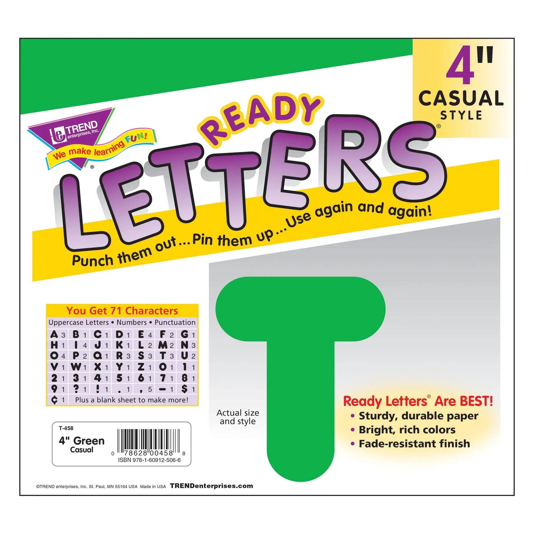 Green 4-Inch Casual Uppercase Ready Letters