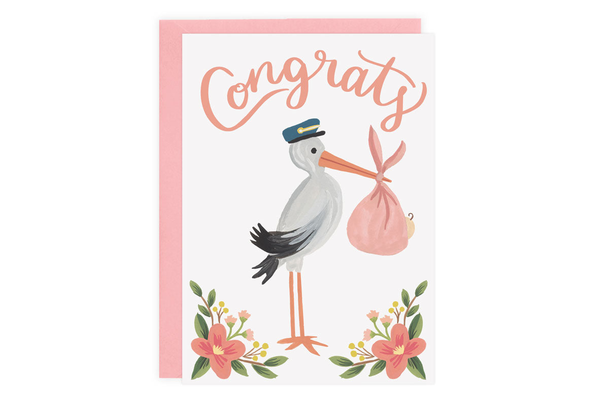 Pink Stork Congrats Card