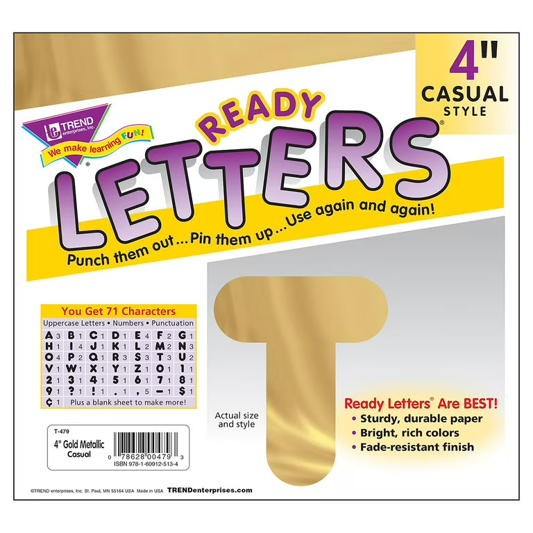 Gold 4-Inch Casual Uppercase Ready Letters