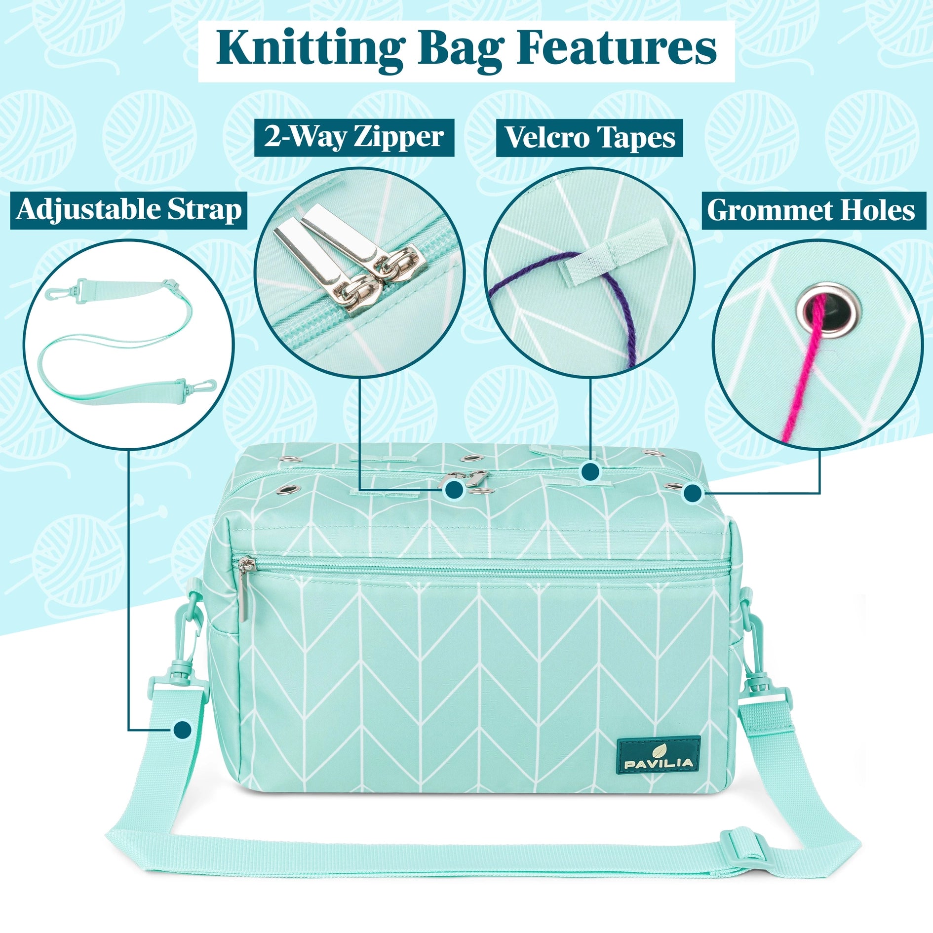 Compact Yarn Organizer Knitting Bag - Chevron Teal