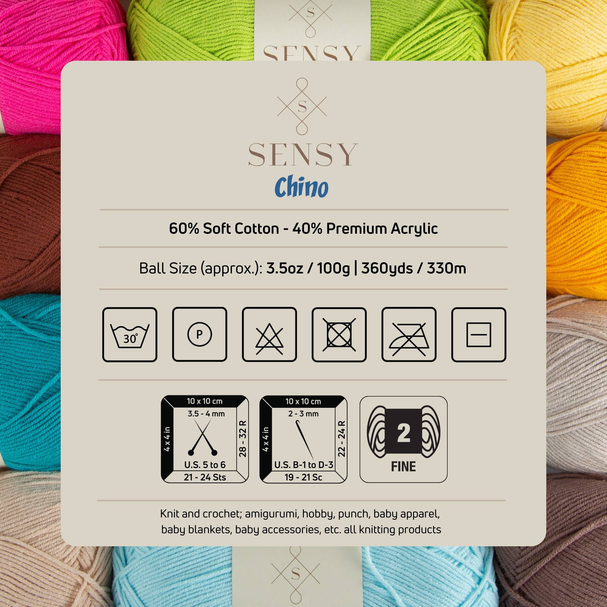 Sensy Chino Soft Cotton Yarn, 3.5 oz, 360 Yards, Gauge 2 Fine