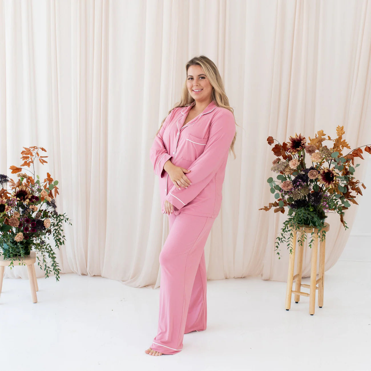Kyte Baby Women's Long Sleeve Pajama Set in Apple Blossom with Cloud Trim