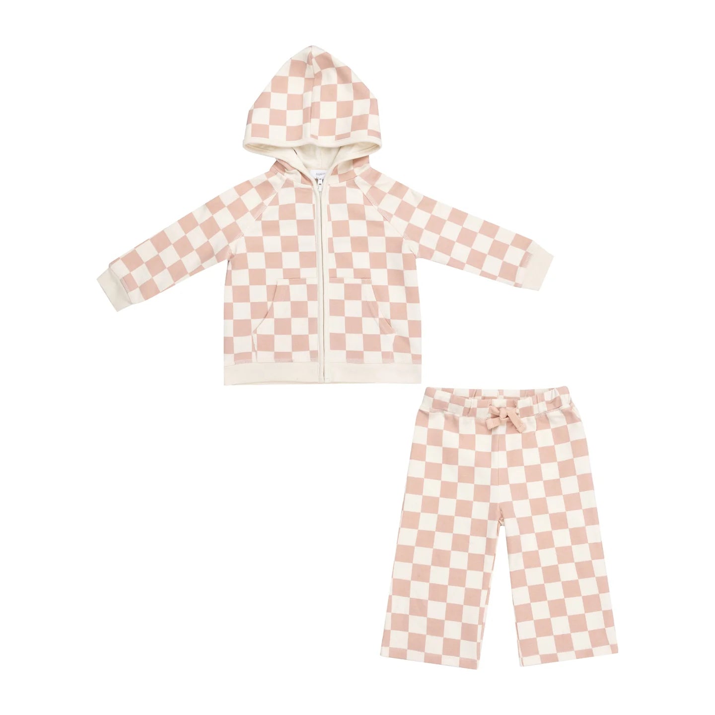 Angel Dear French Terry Checkerboard Pink Zip Hoodie & Wide Leg Pant